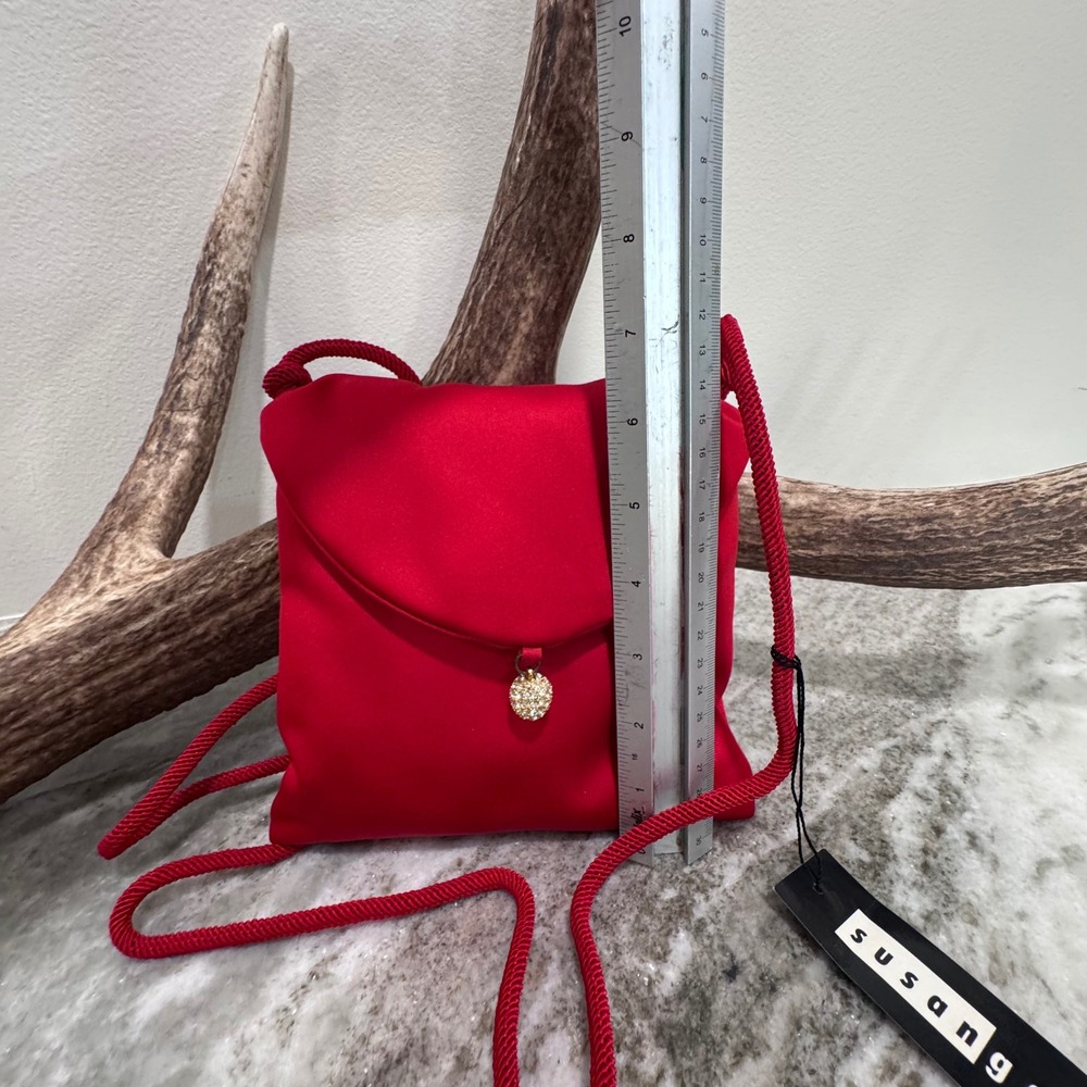Susan Gail Vintage Red Satin Evening Crossbody Bag Rhinestone Orb Charm NWT - Picture 10 of 10